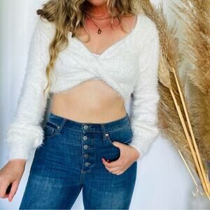 NEW DOLLS KILL BLUE BLUSH White Cropped Crop Top Plunge VNeck Fuzzy Sweater S